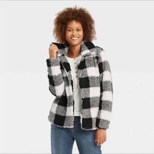Knox Rose Black and White Buffalo Plaid Fleece Jacket - size XS